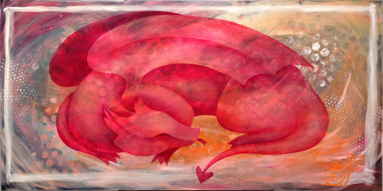 "Sleeping Dragon", a peaceful painting of a pink dragon curled up asleep.